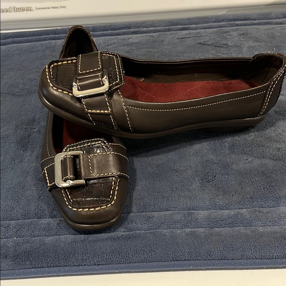 AEROSOLES Brown Leather Flats with Buckle Accent